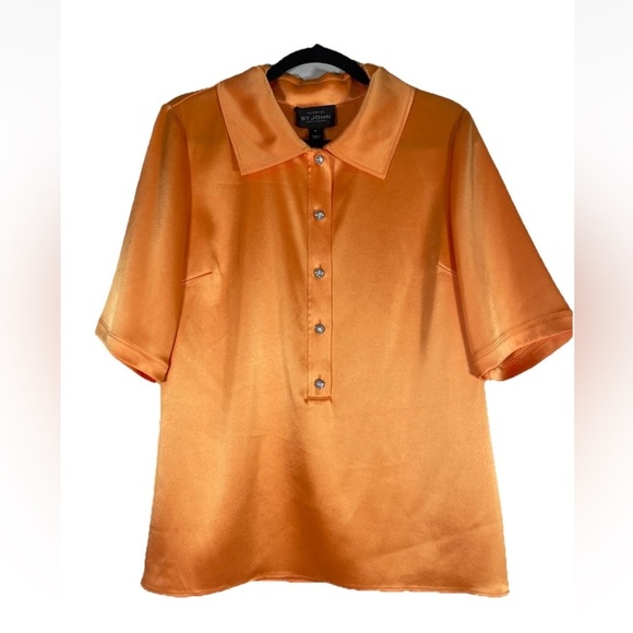 St. John Crystal Button Polo Crepe Shirt Blouse Preppy Sporty Resortwear Sz 10 - Picture 1 of 13